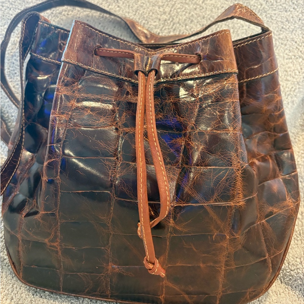 Furla Vintage Brown Leather Crossbody Bag with gold buckle and drawstring
